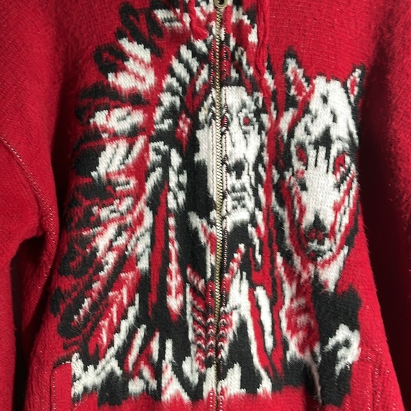 Ruminahui Wool Jacket Sweater Red/Black Native American Wolf - Picture 5 of 8